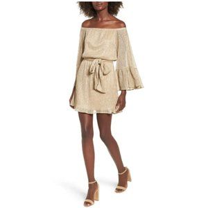 Lush Gold Metallic Flare Off the Shoulder Dress